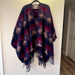 Woven Heart Plaid Fringe Poncho Wrap Boho Cozy Blanket Shawl One Size Winter